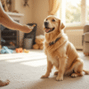 Golden Retriever puppy being trained with treats in a cozy home environment.
