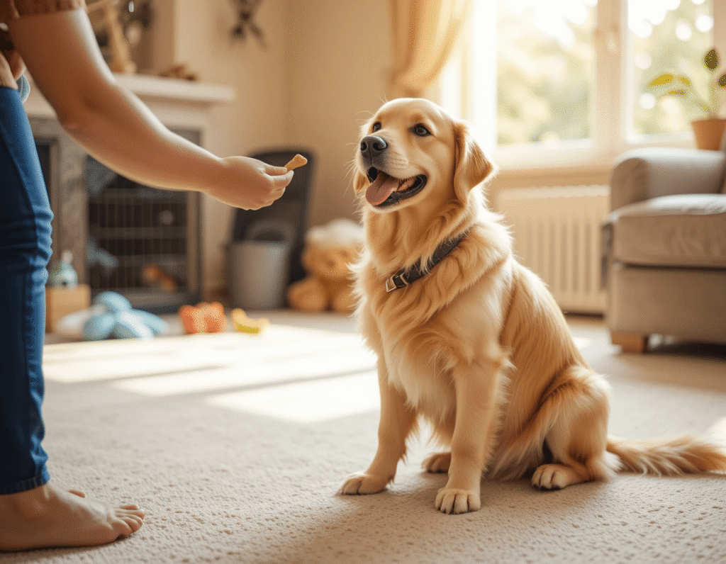 Golden Retriever puppy being trained with treats in a cozy home environment.