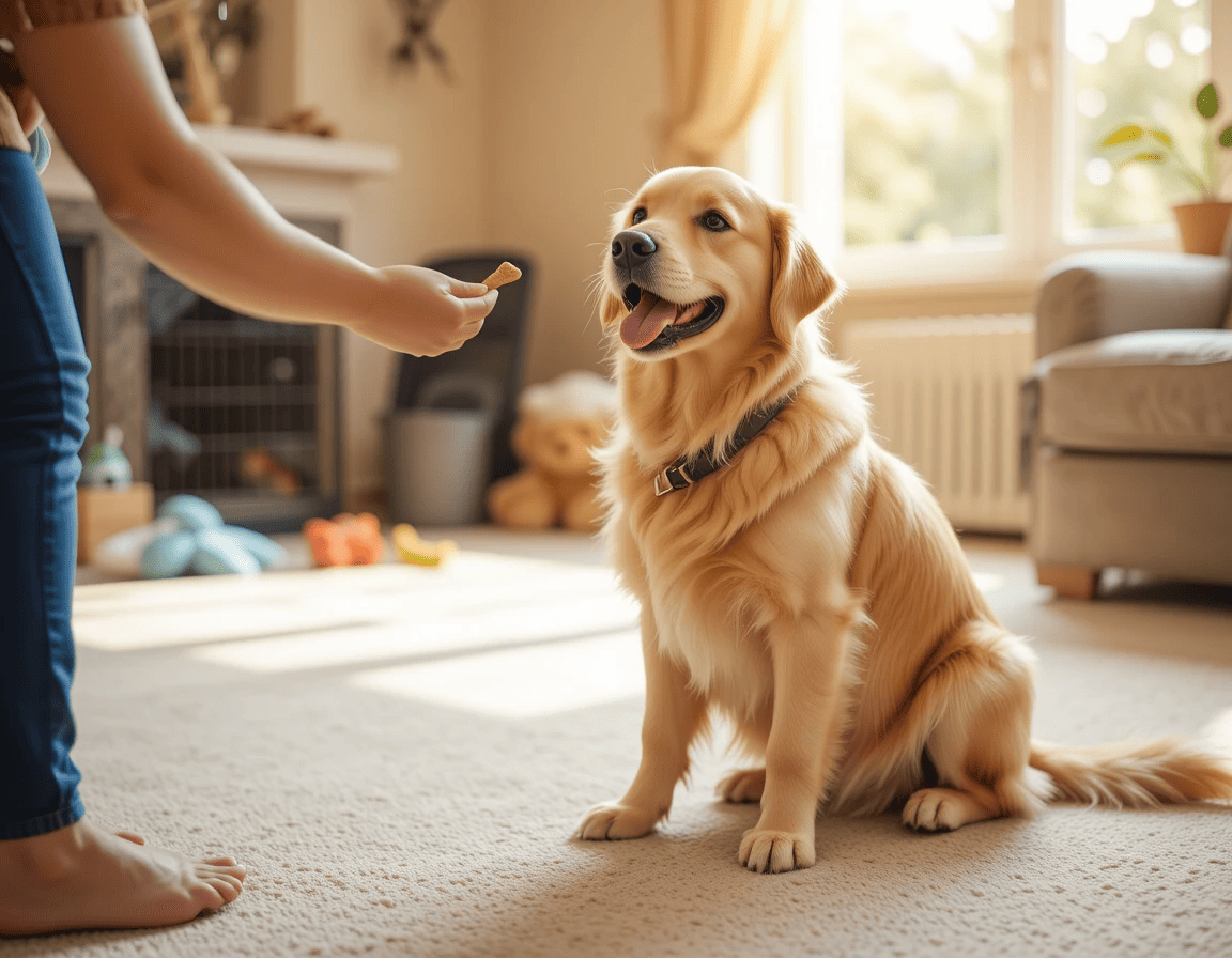 Golden Retriever puppy being trained with treats in a cozy home environment.