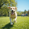 Happy Labrador Retriever running in a sunny park with a joyful expression