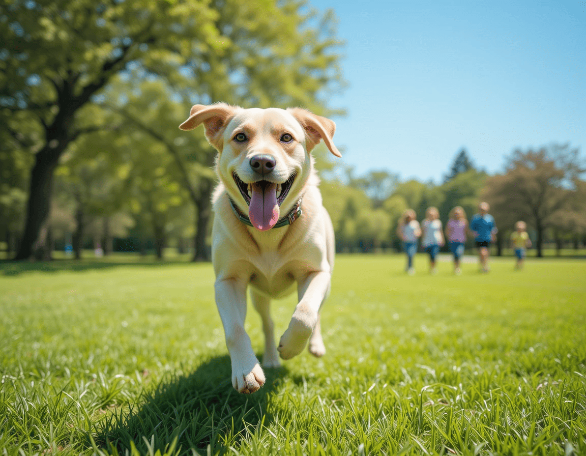 Happy Labrador Retriever running in a sunny park with a joyful expression