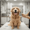 A happy golden retriever getting brushed by a groomer in a modern grooming salon.