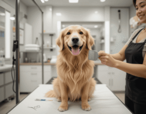 A happy golden retriever getting brushed by a groomer in a modern grooming salon.