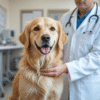 Golden Retriever being examined by a vet during a health checkup.