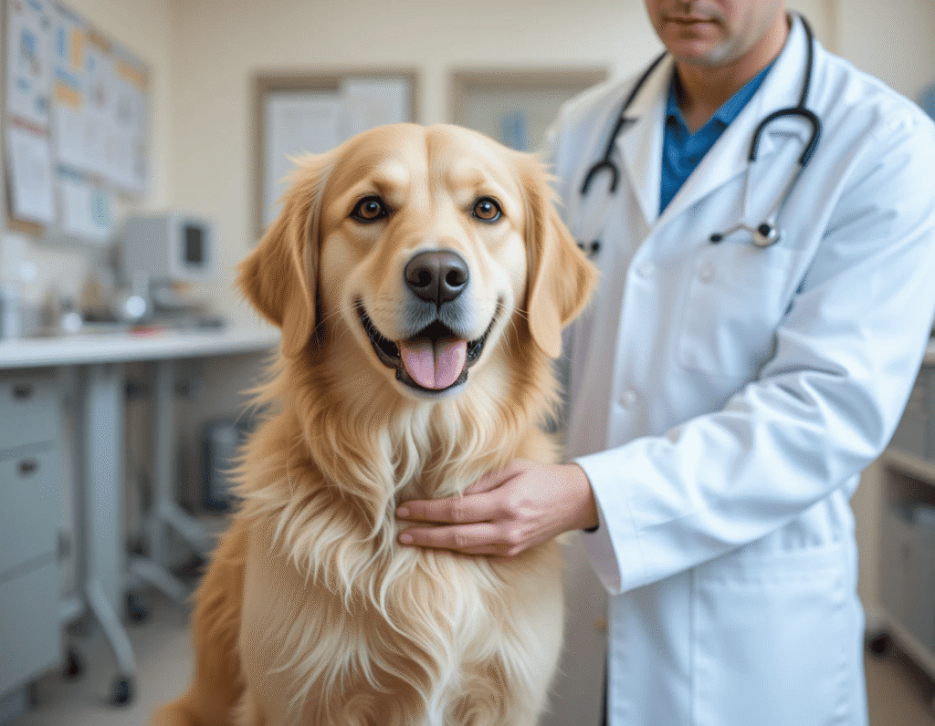 Golden Retriever being examined by a vet during a health checkup.