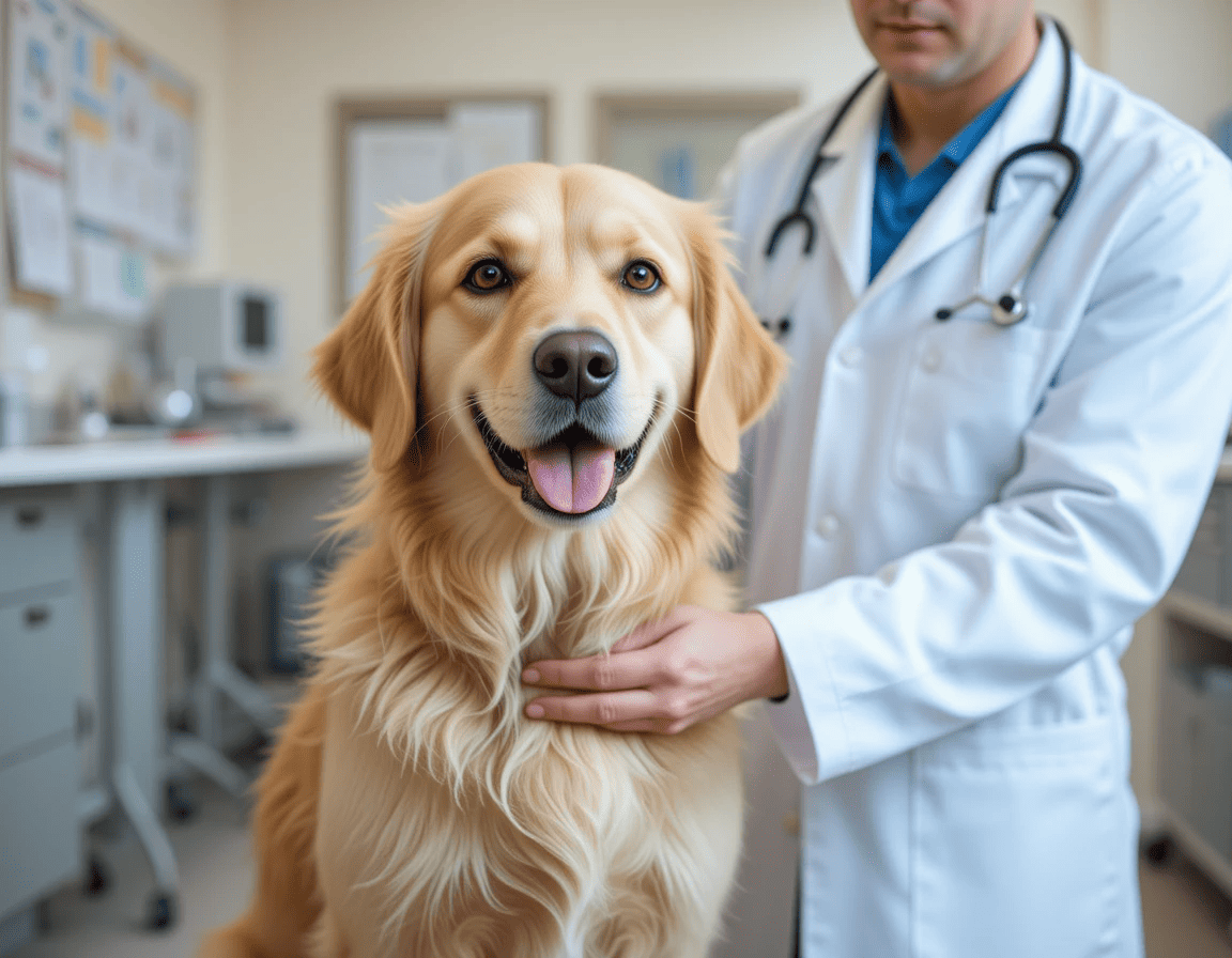 Golden Retriever being examined by a vet during a health checkup.