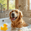 A golden retriever enjoying a relaxing bath with soap bubbles and a rubber duck.