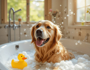 A golden retriever enjoying a relaxing bath with soap bubbles and a rubber duck.