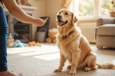 Golden Retriever puppy being trained with treats in a cozy home environment.
