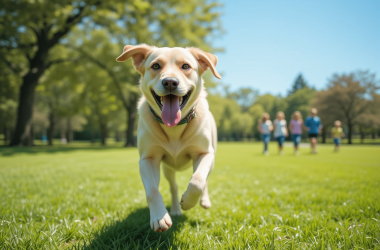 Happy Labrador Retriever running in a sunny park with a joyful expression