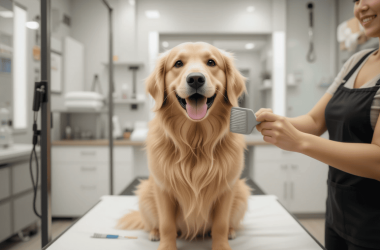 A happy golden retriever getting brushed by a groomer in a modern grooming salon.