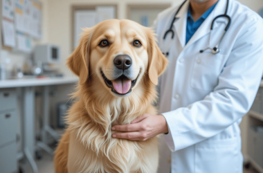 Golden Retriever being examined by a vet during a health checkup.