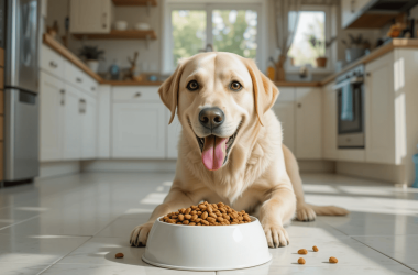 Labrador Retriever enjoying a nutritious meal from a high-quality dog food bowl.