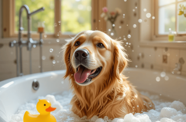 A golden retriever enjoying a relaxing bath with soap bubbles and a rubber duck.